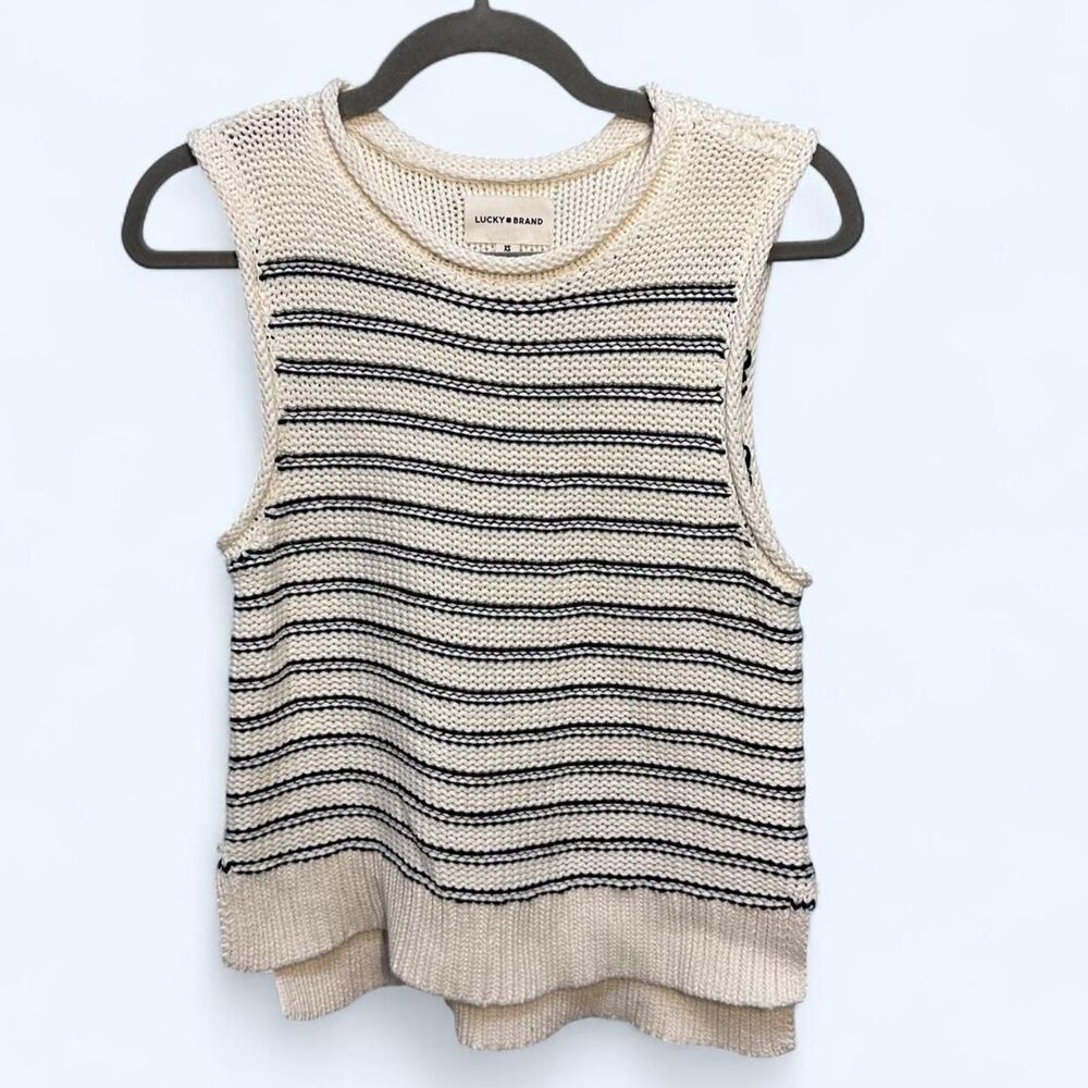 Lucky Brand Cream & Navy Horizontal Stripe Chunky Knit Crew Neck Size XS